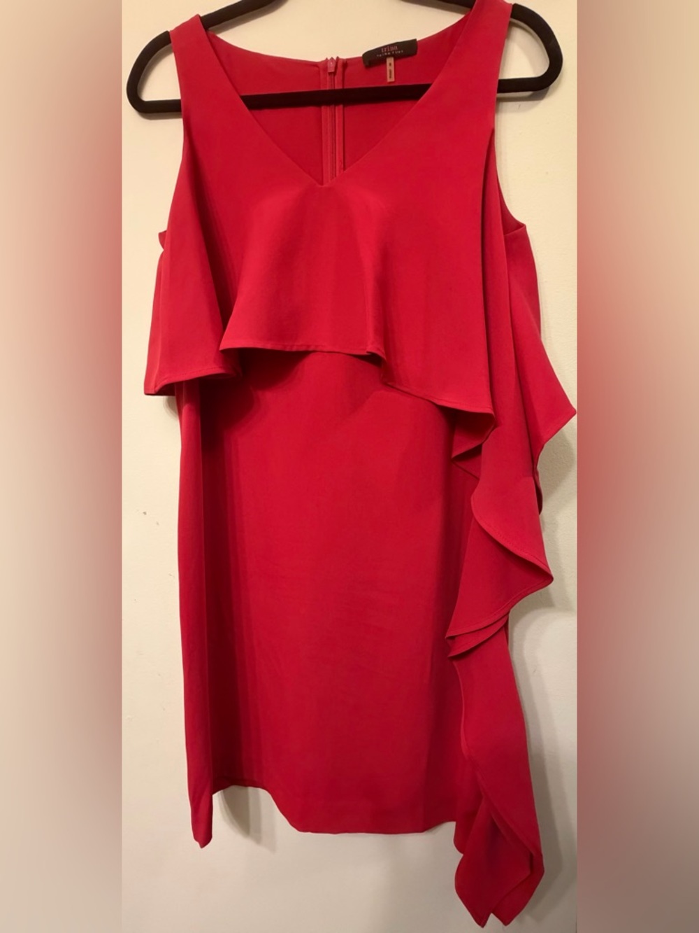 Trina Turk Vibrant Red V Neck Ruffle Dress